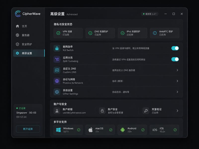 CipherWave VPN 企业级安全设置面板展示
